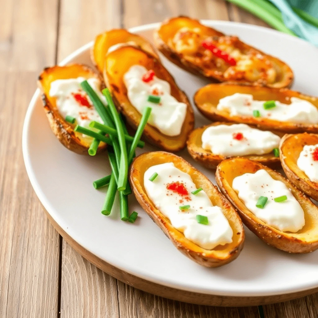 "Cottage cheese-stuffed air fryer baked potato skins topped with chives and melted cheese."